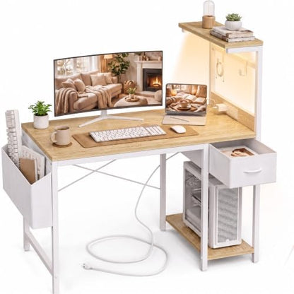 Grandder Computer Desk 40 Inch with Power Outlet and LED Light Oak