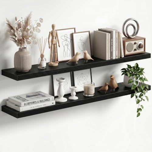 67" Long Floating Shelves for Wall, Set of 2, 12" Deep x 2" Thick Large Storage Shelves with Invisible Brackets for Living Room Bathroom Bedroom Office, Black