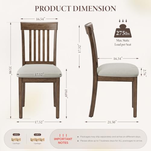 Wooden Dining Chairs Set of 4 with Walnut Wood Legs and Cushion Seat