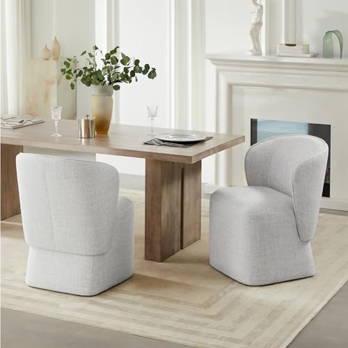 KISLOT Upholstered Dining Chairs with Wheels, No Assembly Stain Resistant Fabric Modern Barrel Armchair with Casters, Dining Room Chairs for Kitchen Living Room Bedroom, Light Grey, Set of 2