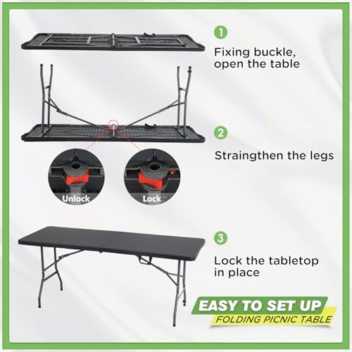 BestOffice | 6FT Folding Table | Black | Portable Plastic Table