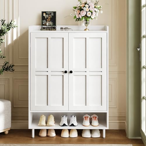 Shoe Cabinet with Cross Molding Doors, 6-Tier Storage, White