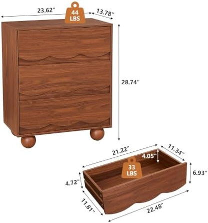 Walnut Scalloped 3 Drawer Dresser,Mid Century Modern Nightstand for Bedroom