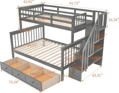 MERITLINE Twin Over Full Convertible Bunk Bed with Storage Stairs and Drawers,Solid Wood Detachable Bunk Bed with Storage Shelves for Adults,No Box Spring Needed (Grey)