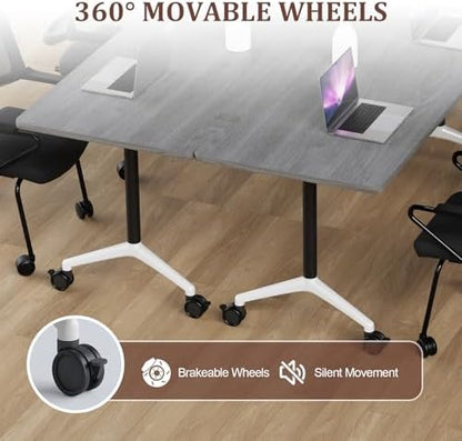 Folding Conference Table Modern Large Mobile Meeting Table Rolling Conference Room Tables with Wheels Seminar Tables for Office Training Classroom (6, Oak Grey, 47.2" D X 23.6" W X 29.5" H)