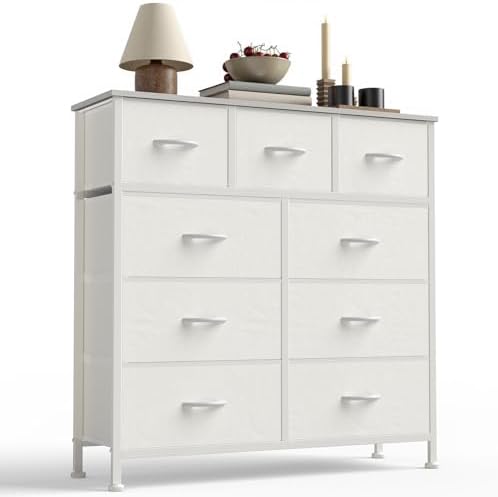 Sweetcrispy 9 Drawer Fabric Dresser Storage Tower Drawer Organizer, White