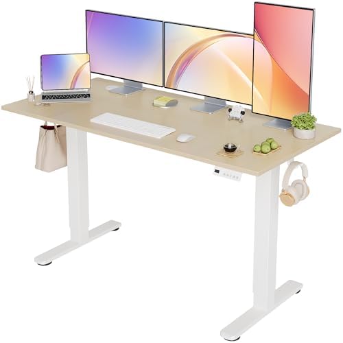 Seang Electric Standing Desk Adjustable Height, 55 x 24 Inch Sit Stand Desk with T-Shaped Frame, 3 Memory Presets & Cable Management for Home Office Computer Workstation, White Frame/Nature Top