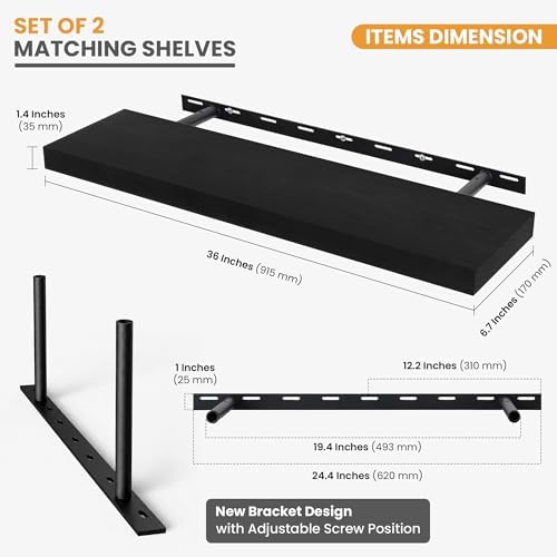 Wood Floating Shelves Set of 2, Rustic Pine Wood Floating Shelves for Wall Mounting, Wide Wall Shelf for Home Decor and Storage, 36" W x 7" D, Black