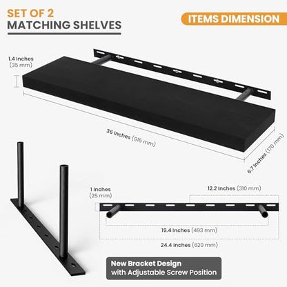 Wood Floating Shelves Set of 2, Rustic Pine Wood Floating Shelves for Wall Mounting, Wide Wall Shelf for Home Decor and Storage, 36" W x 7" D, Black
