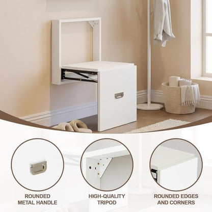 1 Pcs Wall Mounted Folding Chair, Modern Entryway Shoe Changing Stool, 330lbs Capacity, Extra-Wide Seat, Invisible Folding Chair for Hallway, Hidden Shoe Bench for Most Homes(Tea White)