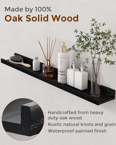 Oak Picture Ledge Shelf, 48 Inch Floating Shelves Set of 2, Solid Oak Wood Wall Shelves with Lip, Wall Decor Storage for Bedroom Living Room Bathroom Kitchen Nursery Photo Picture, Black