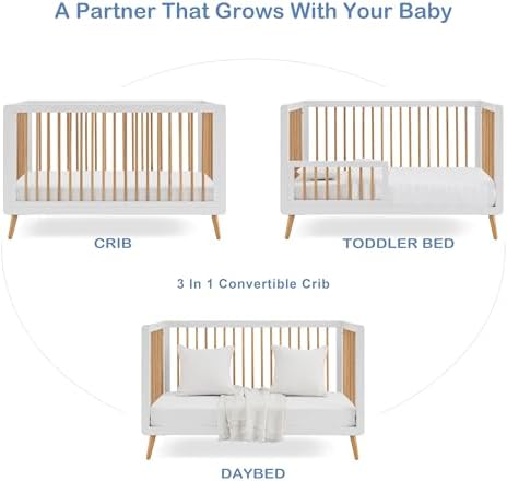 Tatum 3-in-1 Convertible Crib with Guardrail- White and Natural