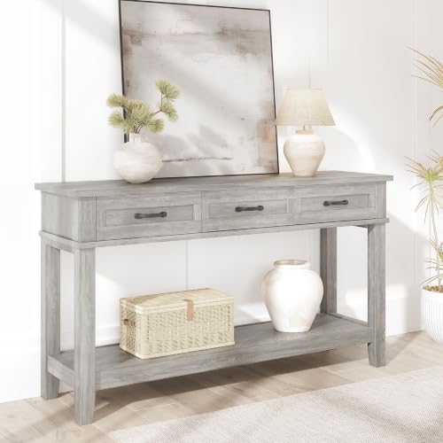 GarveeHome 3 Drawers Entryway Table, Farmhouse Wooden Console Table,Grey