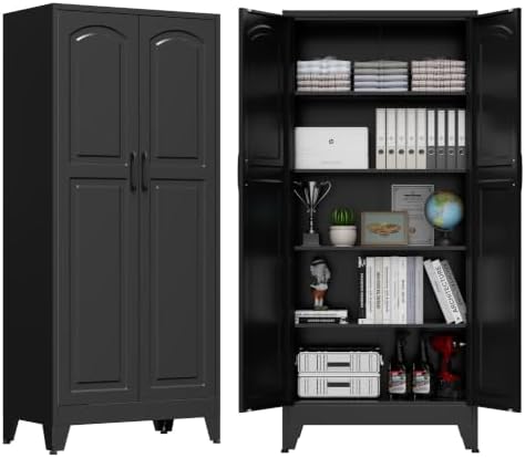 71" Metal Storage Cabinet with 5 Adjustable Shelves, Arch‑Curve Black