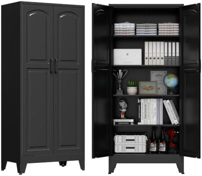 71" Metal Storage Cabinet with 5 Adjustable Shelves, Arch‑Curve Black