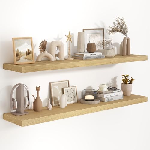 55 Inch Long Floating Shelves for Wall Set of 2, 55x9.3 Large Floating Shelf for Bedroom, Kitchen, Bathroom, Wall Mounted Rustic Wood Shelves with Invisible Bracket for Books, Decor, Oak