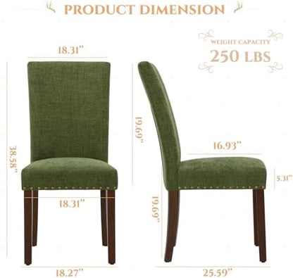 Parsons Dining Chairs Set of 4, Upholstered Nailhead Dining Room Kitchen Side Chair with Thick Cushions and Wood Legs, Green