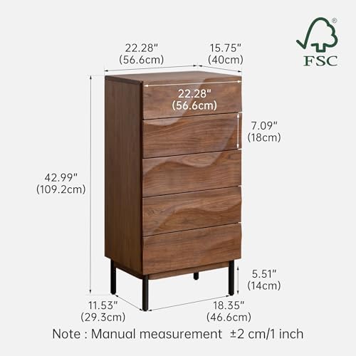 Solid Walnut Nightstand, 5 Drawer Bedside Table for Bedroom, Solid Wood nightstand with Drawers, Modern Night Stand for Living Room, Hallway, Closet(Black Walnut, 43" H)