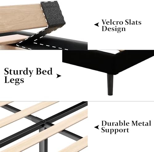 Gruwans Full Size Bed Frame with Upholstered Wingback Headboard, Easy Assemnly Platform Bed, Wooden Slat Support No Box Spring Needed, Black