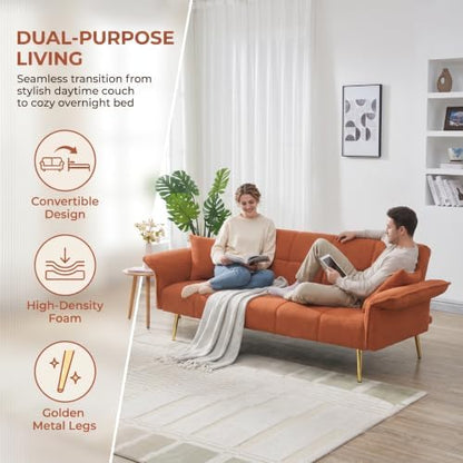 70.1" Convertible Futon Sofa Bed, Teddy Loveseat Couches, Orange
