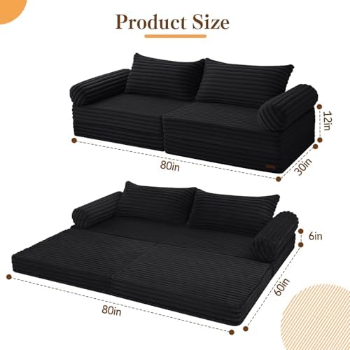 MeMoreCool Convertible Sofa Bed Queen, Corduroy Folding Couch Bed, Black