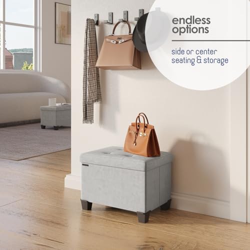 Storage Ottoman Cube with Small Bin, 16-in Square Ottoman with Storage for Living Room and Bedroom, Small Ottomans Foot Rest, Velvet Foot Stools Ottomans Max 330lbs, Light Grey