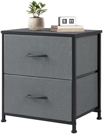 Hexago Nightstand Small Dresser with 2 Fabric Drawers Side Table, Nightstand Storage Chest, Bedroom End Table Kids Bedside Storage Furniture for Closet, Entryway, Dorm, Gray