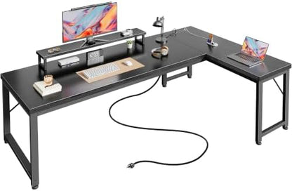 PRAISUN 61" L Shaped Computer Desk, Power Outlets, Monitor Stand, Black