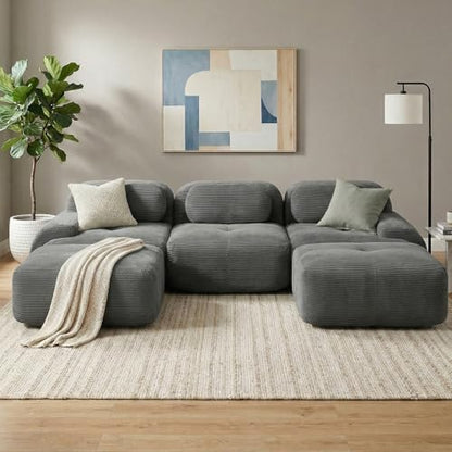 117" Corduroy Modern Sectional Couch, Boneless Couch, Compact sofa, Grey