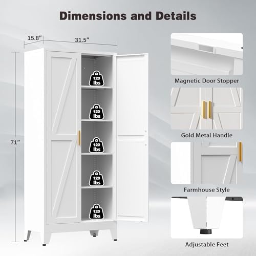 71" Tall Metal Pantry Cabinet, Kitchen Storage Cabinet with 2 Doors and 4 Adjustable Shelves for Kitchen, Living Room, Dining Room, Bathroom and Home, Office