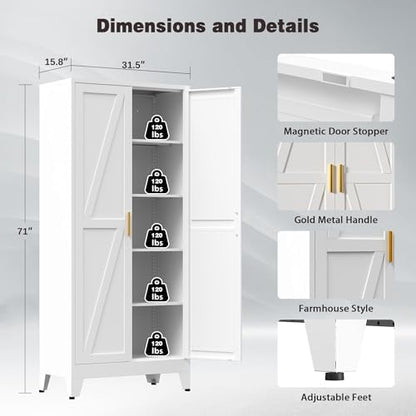 71" Tall Metal Pantry Cabinet, Kitchen Storage Cabinet with 2 Doors and 4 Adjustable Shelves for Kitchen, Living Room, Dining Room, Bathroom and Home, Office