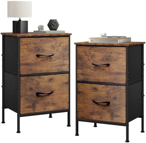 WLIVE Night Stand Set 2, Small Dresser with 2 Drawers & Wooden Top, Nightstand with Fabric Bins, Bedside Table End Table for Bedroom, Closet, Entryway, College Dorm, Rustic Brown