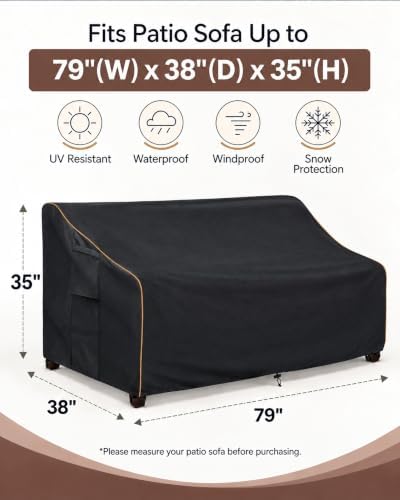 Patio 3-Seater Sofa Cover,Outdoor Couch Cover Fits up to 79W x 38D x 35H Inches,100% Waterproof Heavy Duty Patio Furniture Covers,Black