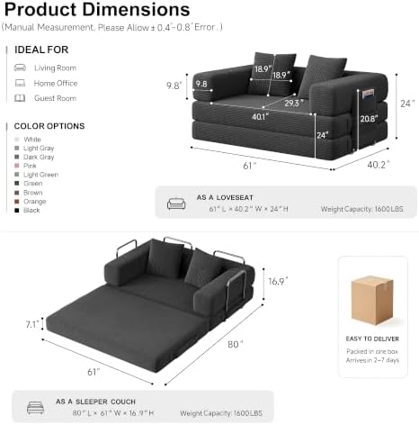 61" 5-in-1 Convertible Modular Boneless Sleeper Sofa Bed