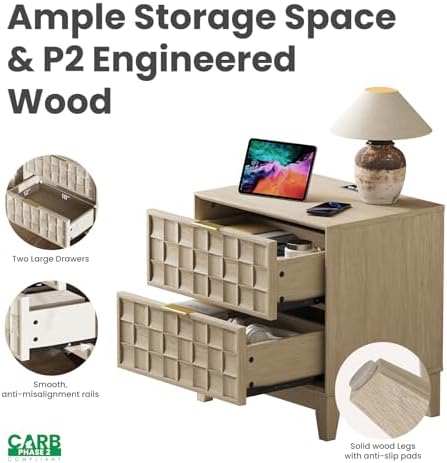 COLAMY Night Stand Bedside Table with Charging Station, Modern Wooden Nightstand 2 Drawers Dresser with Chessboard Relief and Charger for Bedroom, Living Room and Small Space - Oak