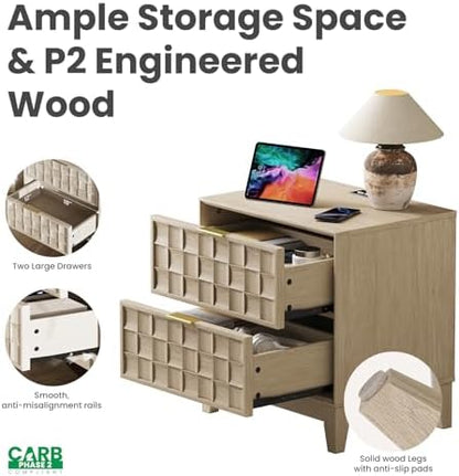 COLAMY Night Stand Bedside Table with Charging Station, Modern Wooden Nightstand 2 Drawers Dresser with Chessboard Relief and Charger for Bedroom, Living Room and Small Space - Oak