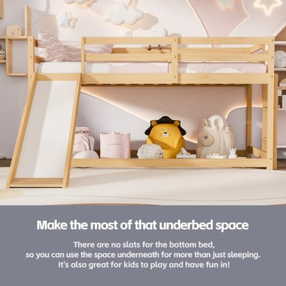 Low Bunk Bed with Slide, Floor Loft Bed with Climbing Ladder, Wood Twin Bunk Bed Frame with Full Guardrails & Storage Space for Kids Toddler