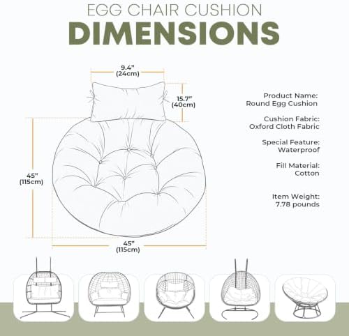 Outdoor Round Egg Chair Cushion Replacement, Waterproof 45" L x 45" W Thicken Hanging Swing Egg Chair Cushions with Headrest Pillow, Soft Wicker Basket Eggs Chairs Pad for Garden (Green Rose)