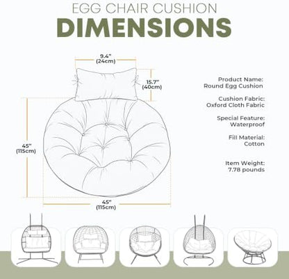 Outdoor Round Egg Chair Cushion Replacement, Waterproof 45" L x 45" W Thicken Hanging Swing Egg Chair Cushions with Headrest Pillow, Soft Wicker Basket Eggs Chairs Pad for Garden (Green Rose)