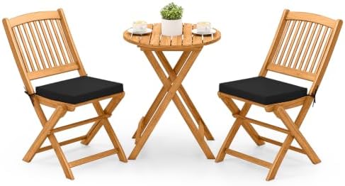 Tangkula 3 Piece Patio Folding Bistro Set, Outdoor Acacia Wood Chair and Table Set w/Padded Cushion& Round Coffee Table, Ideal for Indoor Patio Poolside Garden (Black)