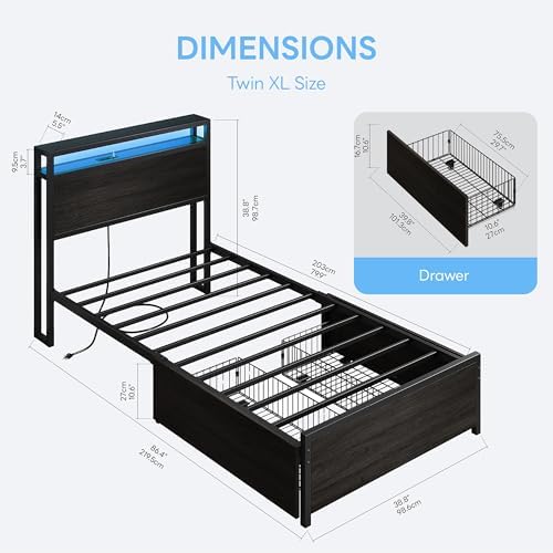 LIKIMIO Twin XL Bed Frame with DIY Layout Storage Drawers and LED Light