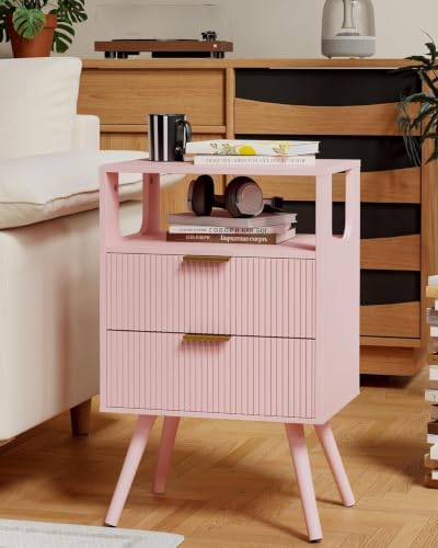 Leomonio Pink Nightstand,Modern Bedside Table with 2 Storage Drawer and Open Wood Shelf, for Bedroom and Small Spaces,Night Stand with Solid Wood Legs