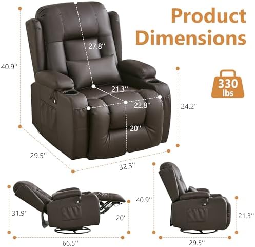 URRED Swivel Rocker Recliner Chair with LED Ambient Lights for Adults，Brown