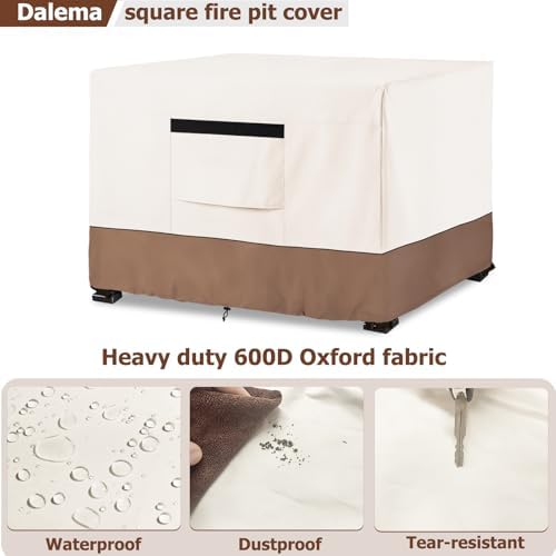 Fire Pit Cover,Outdoor Heavy Duty 600D 100% Waterproof Fire Pit Cover Square,Weatherproof Firepit Covers Square 28" W x 28" D x 25" H,Beige & Brown