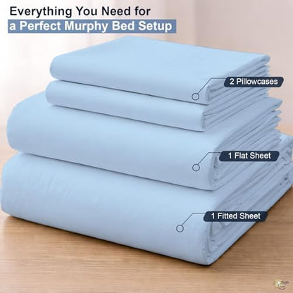 Cottington Lane Sky Blue Sheets for Murphy Bed Mattress, 4 Piece Premium Ultra Soft Brushed Microfiber California King Size Wall Bed Sheet Set, 6-10 Inch Deep Pocket with All-Around Elastic