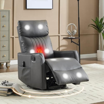 Manual Swivel Rocker Recliner Chair for Adults, Overstuffed Reclining Glider Chair for Nursing with Vibration Massage & Heat, Living Room Rocking Recliner 2-Stage backrest, Faux Leather Gray