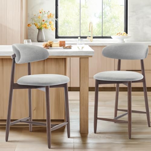 COLAMY Wood Bar Stools Set of 2, Counter Height Bar Stools, Mid Century Modern Stools with Back, 25 Inch Upholstered Wooden for Kitchen Island Dining Room Bar, Light Grey