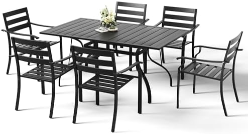 HOMREST 7 Piece Outdoor Patio Dining Set for 6, 63" Rectangular Metal Table with Umbrella Hole and Storage Shelf, Stackable Steel Chairs, Large Patio Furniture Set for Deck/Backyard/Poolside/Garden