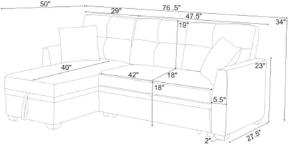 Convertible Sofa Bed, L Shape Sleeper Sofa with Reversible Storage Chaise, Tufted Fabric Sectional Sleeper Sofa with Pull Out Bed for Small Space, Living Room, Apartment, Charcoal Black