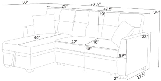 Convertible Sofa Bed, L Shape Sleeper Sofa with Reversible Storage Chaise, Tufted Fabric Sectional Sleeper Sofa with Pull Out Bed for Small Space, Living Room, Apartment, Charcoal Black